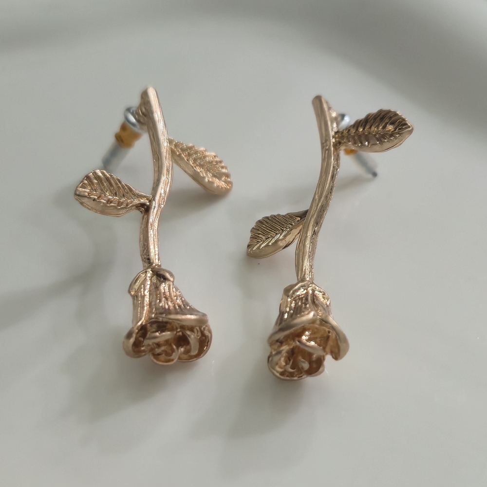 Rose Gold Tone Rose Stem Earrings 1.5” Floral Drop Studs Valentine Gift